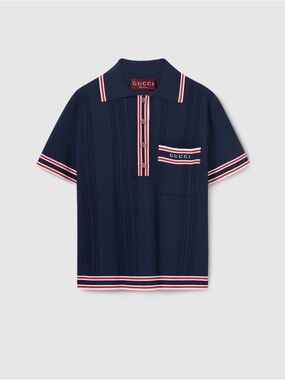 AUTHENTIC ~ Gucci Lido Navy Stretch Viscose Polo Top Stripe G Buttons - S size